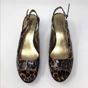 NINE WEST Leopard Heels Peep Toe Brown Slingbacks
